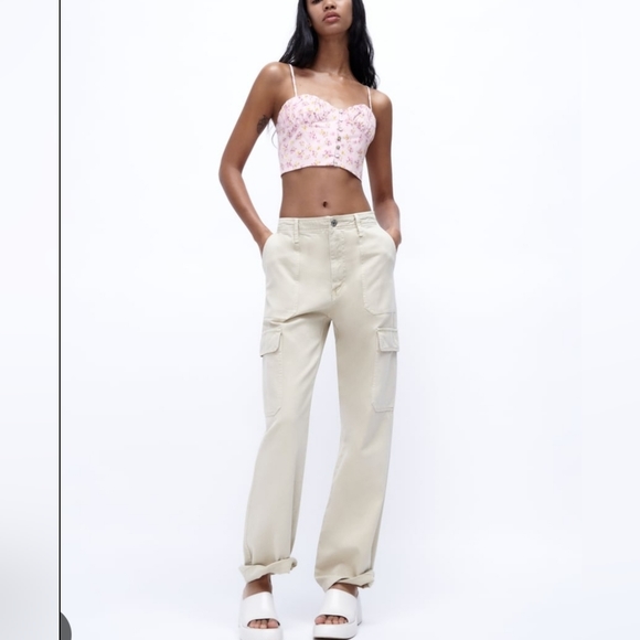 🌞ZARA Floral Print Buttom Up Ruched Back Linen Blend Crop Top - Picture 4 of 8